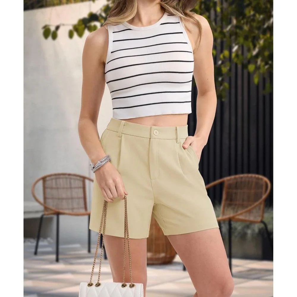 Magcomsen‎ Womens Beige High Waisted Pleated Wide Leg Dress Shorts Size 2XL NWT